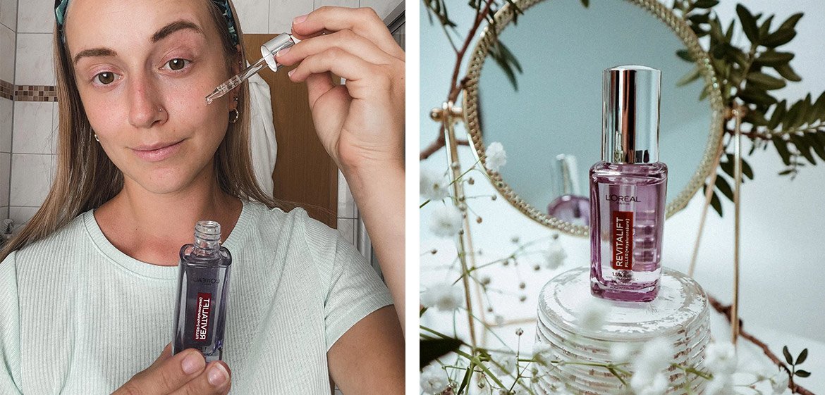 Eie Fotocollage aus zwei Bildern die ein L'Oréal Revitalift-Produkt zeigen